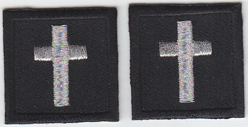 CHAPLAIN SILVER on BLACK rank insignia 2 collar lapel patches 1.25"